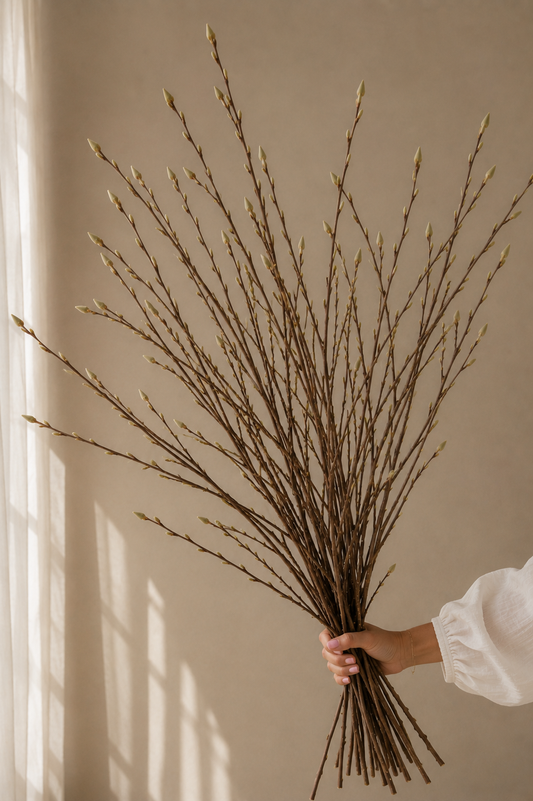 Dried branches held against a neutral wall