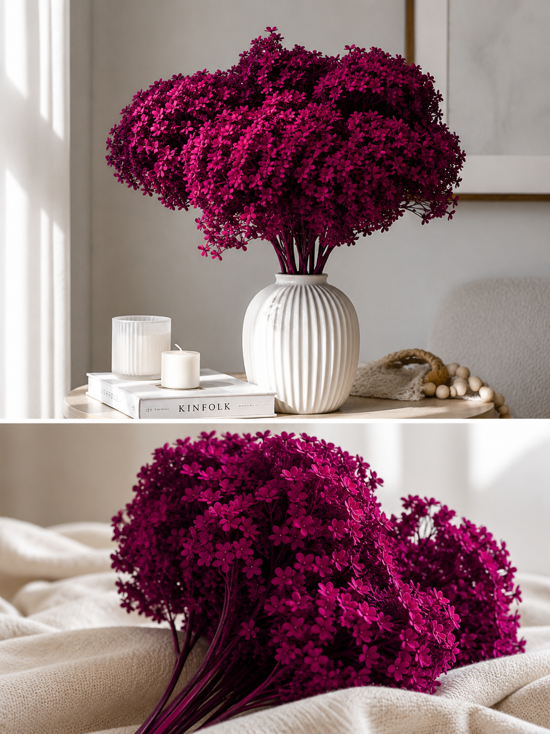 Fushia hydrangea in a white vase on a table and a bunch on the bed