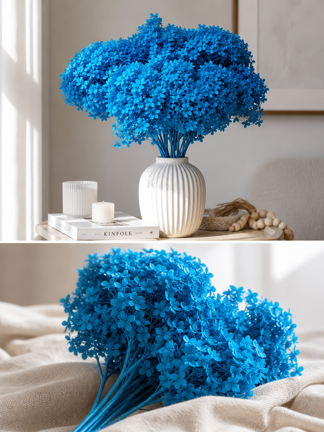 Vibrant Blue hydrangea in a white vale on a table and a bunch on the bed