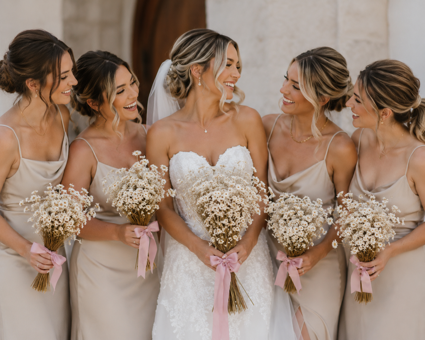 Bride with bridesmaids holding baby's breath bouquets in front of a building.