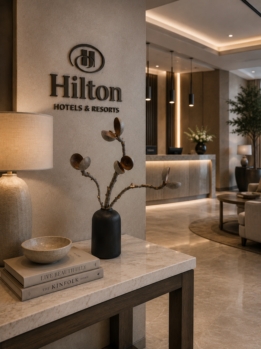 Hilton Hotels & Resorts logo in a luxurious hotel lobby with decor elements.
