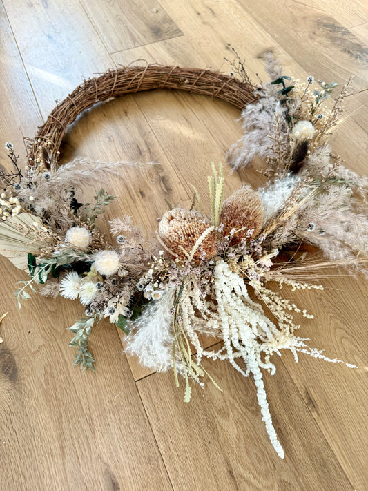 wreath on wooden floor