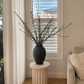 Decorative vase with branches on a small table in a living room setting.