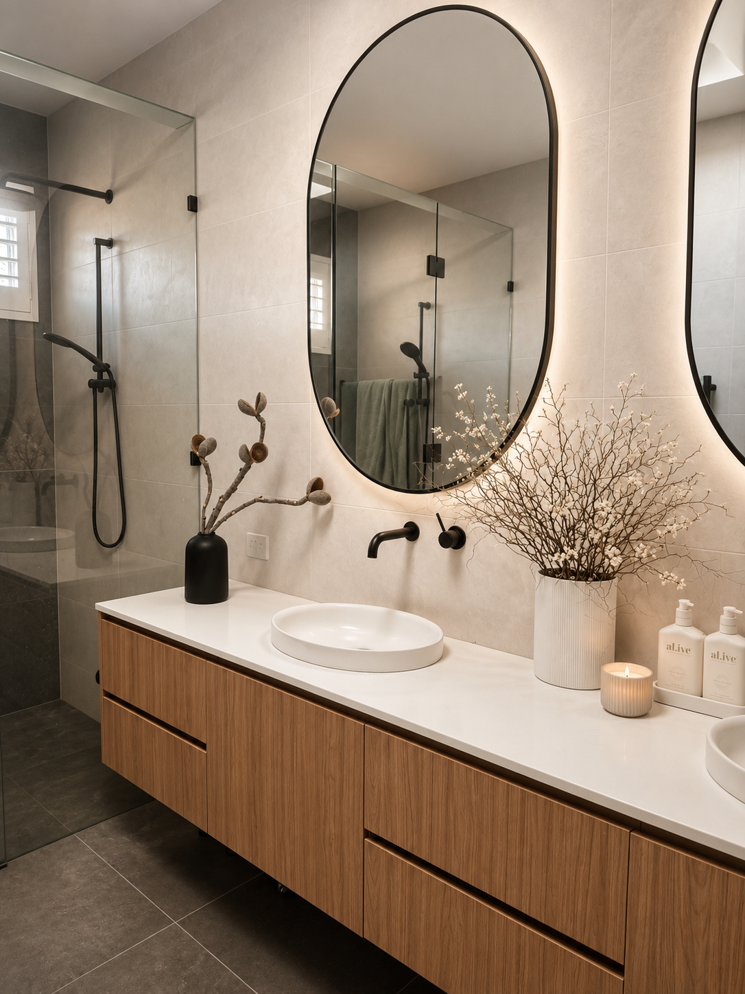 Modern bathroom with wooden vanity, round mirror, and decorative elements.