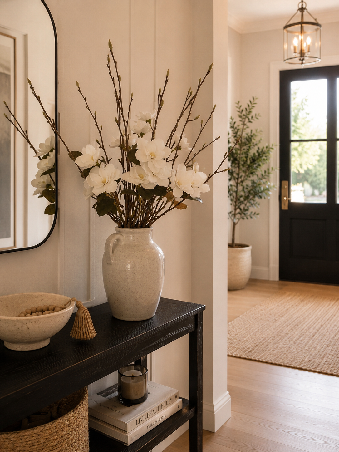 Decorative vase with faux magnolia white flowers combined with real branches on a console table in a home entryway.