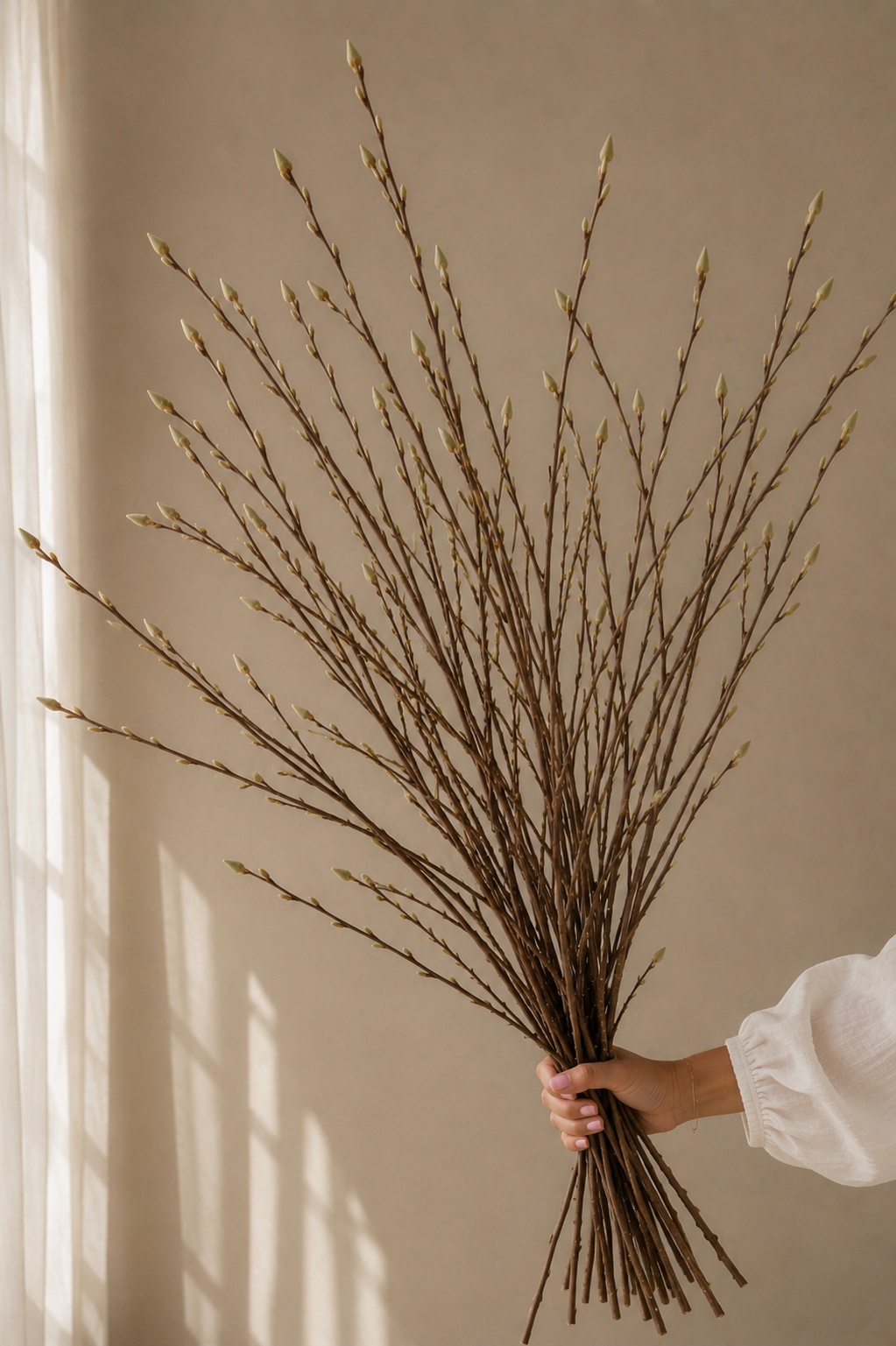 Dried branches held against a neutral wall
