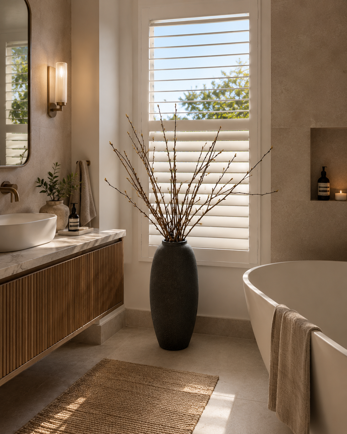 Bathroom with a large vase of branches on a windowsill, a bathtub, and a vanity.