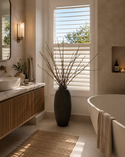Bathroom with a large vase of branches on a windowsill, a bathtub, and a vanity.