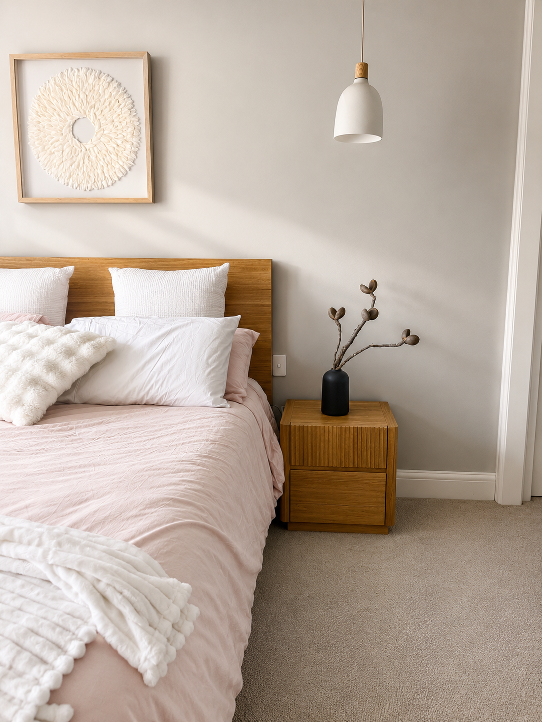 Neatly made bed with pink bedding and wooden headboard in a bedroom setting.
