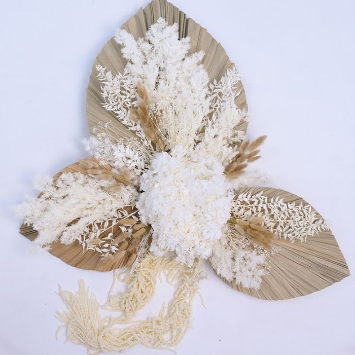 Boho Floral Wall Hanging Three Hand Cut Sundried Palms Neutral Colour. White Hydrangea Centerpiece with white ruscus and ming fern
