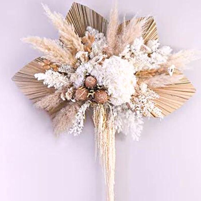 Dried Flower Wall Arrangement in White and neutr al tones. Featuring Preserved Palms, hydrangea, banksia, ming fern and amaranthus.